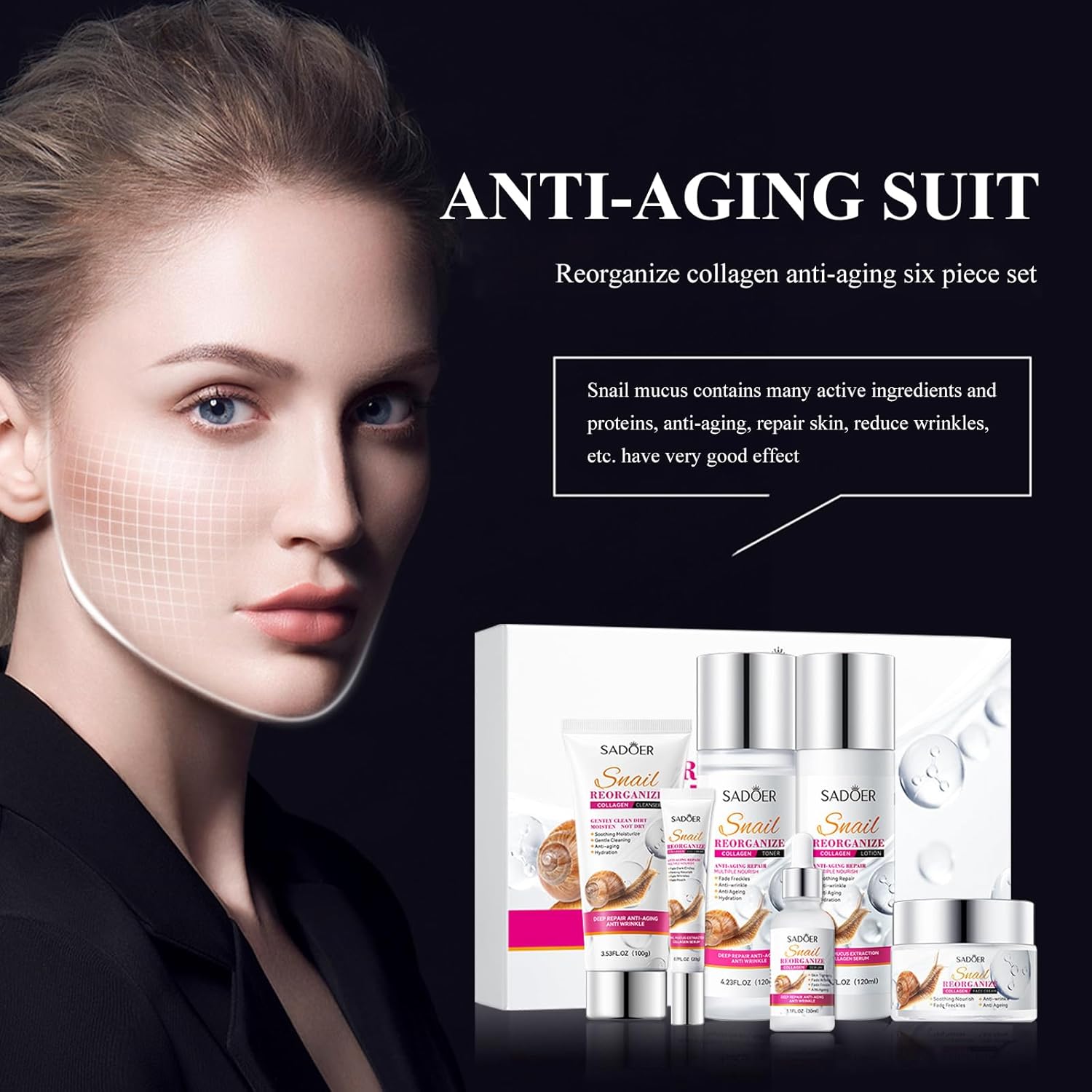 SADOER Snail Facial Care Kit - 6 Piece Collagen Facial Care Kit for Deep Moisturizing and Young Skin