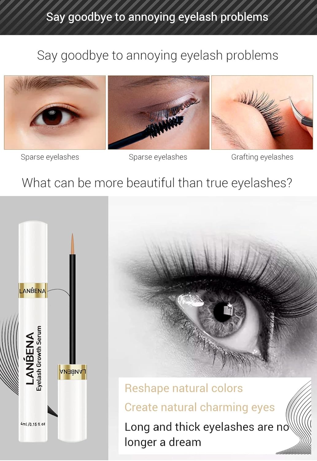 Lanbena Eyelash and Brew Growth Serum Irritation Free Formula Eyelash Treatment Liquid Curly Length Thick Nourishing Eyelashes and Eyebrows Whip Increase Serum for Longer Full Thick Basque