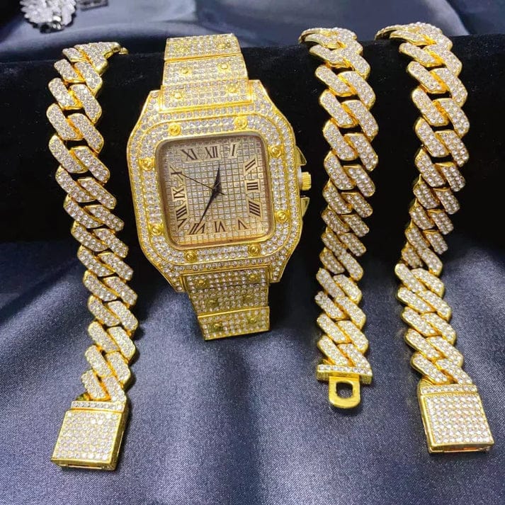 3PC/Set Crystal Watch for Men Necklace Bracelet Jewelry Set Men Bling Gold Silver Diamond Iced Out Cuban Chain Clock Relogio and Box