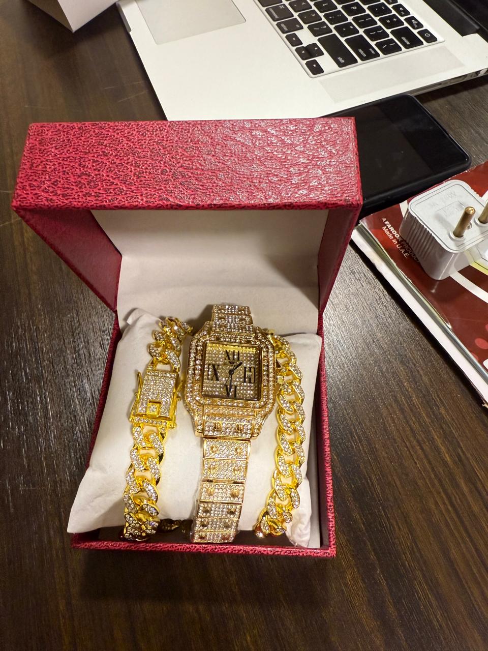 3PC/Set Crystal Watch for Men Necklace Bracelet Jewelry Set Men Bling Gold Silver Diamond Iced Out Cuban Chain Clock Relogio and Box