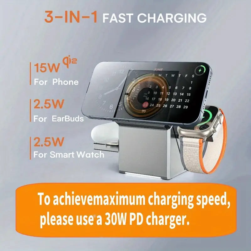 3 in 1 Charging Station Compatible with Magsafe, Qi2 15W Fast Wireless Charger, Auto-Rotating Charger Stand for iPhone 16/15/14/13/12 Series, AirPods, Apple Watch