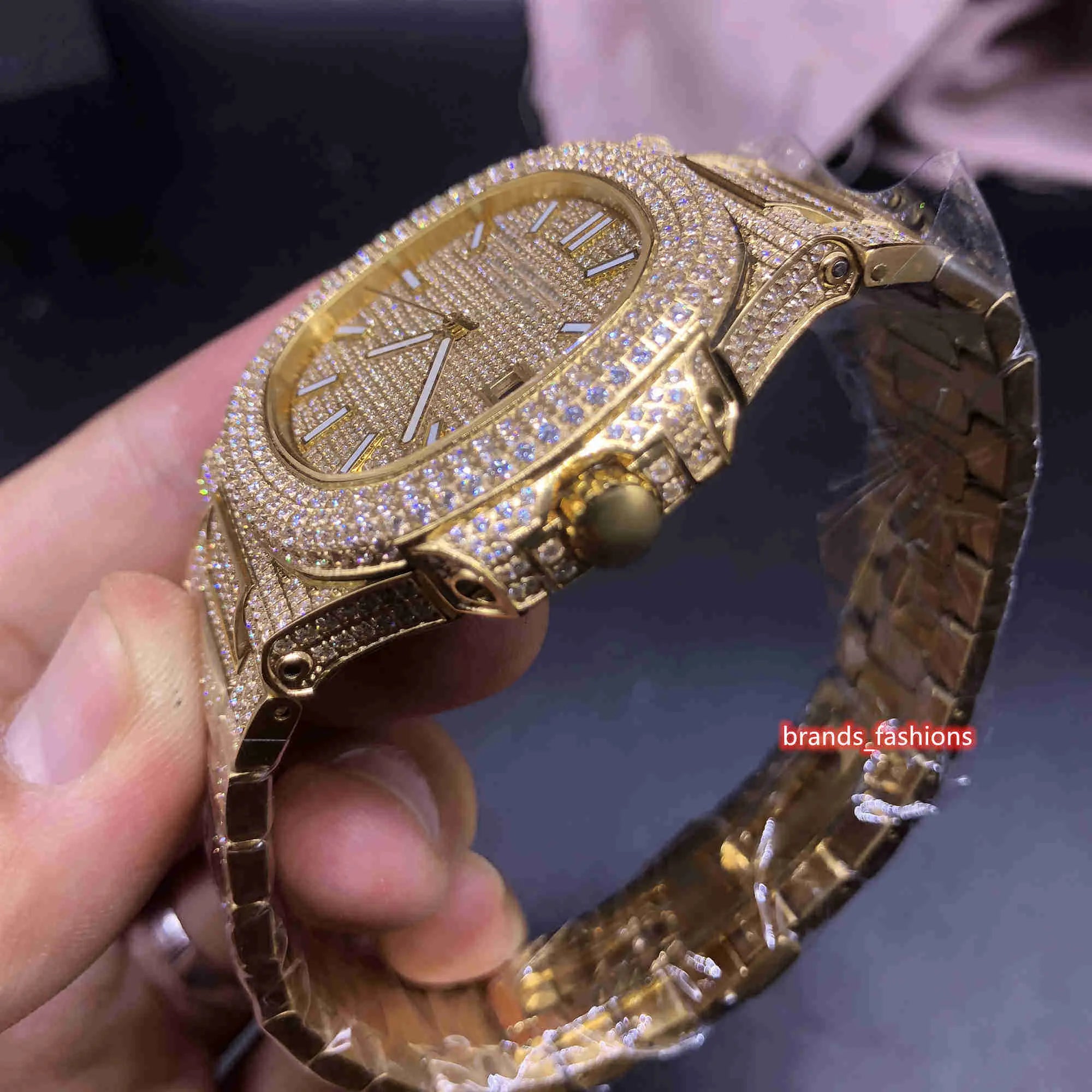 3PC/Set Crystal Watch for Men Necklace Bracelet Jewelry Set Men Bling Gold Silver Diamond Iced Out Cuban Chain Clock Relogio and Box