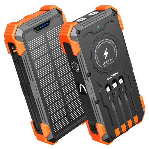 20000mAh Power Bank, Solar Powered Portable Charger with Wireless Charging, USB-C Power Delivery Port, QC 3.0 Port, 5V/3A USB Ports, IP66 Protection and LED